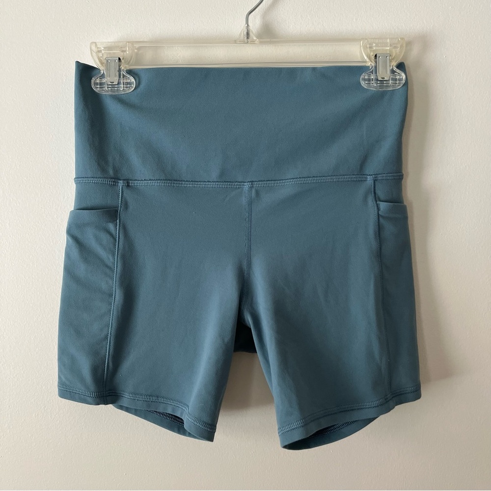 Athleta Teal High-Rise Bike Shorts with Side Pockets